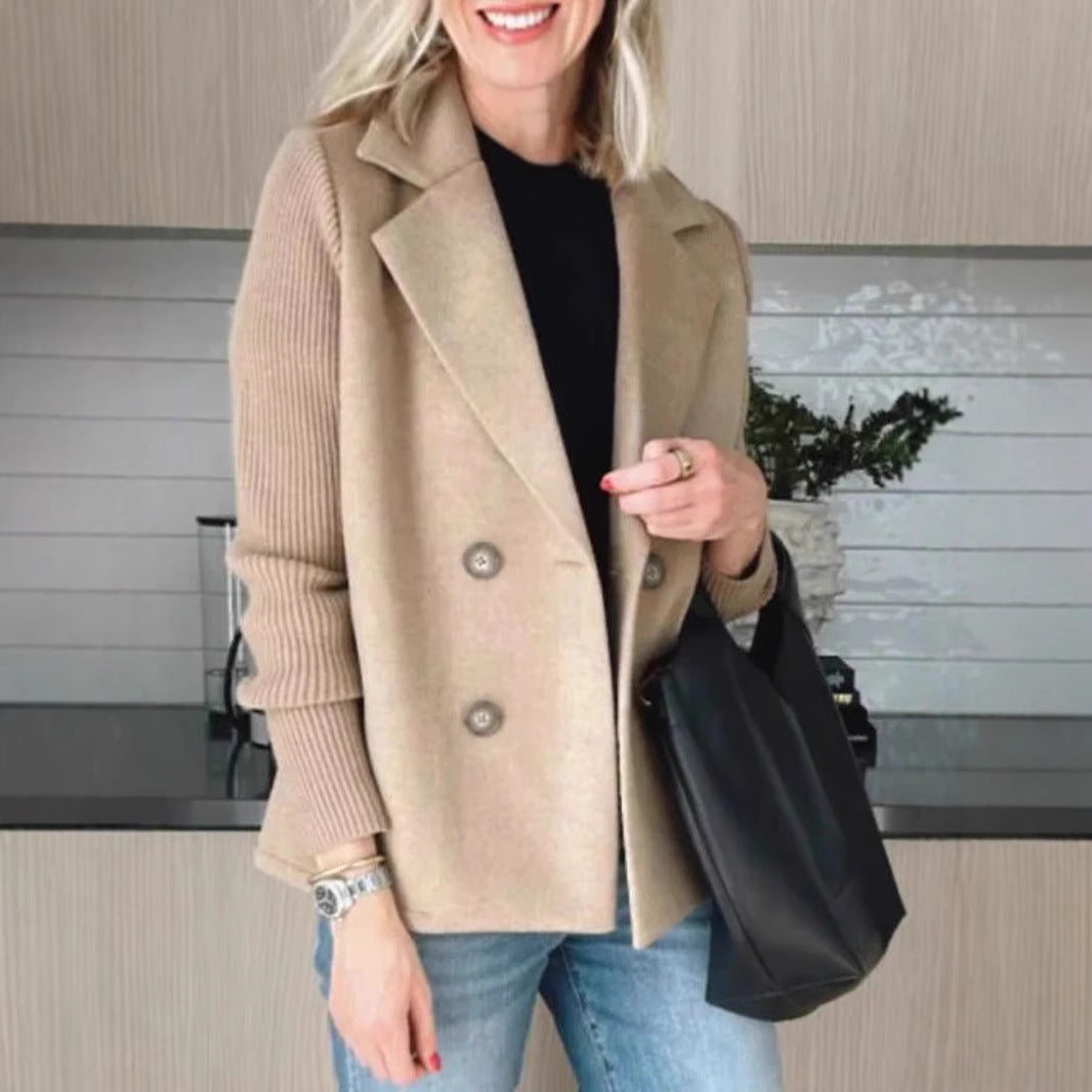 Women’s Double-Breasted Lapel Jacket – Knit Sleeve Spliced Coat