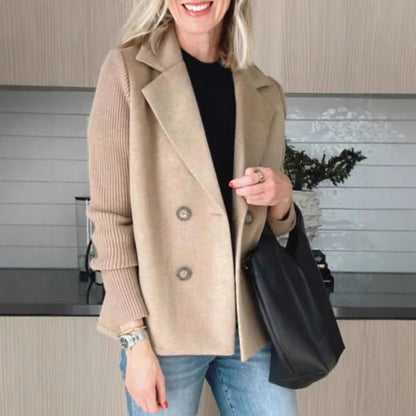 Women’s Double-Breasted Lapel Jacket – Knit Sleeve Spliced Coat
