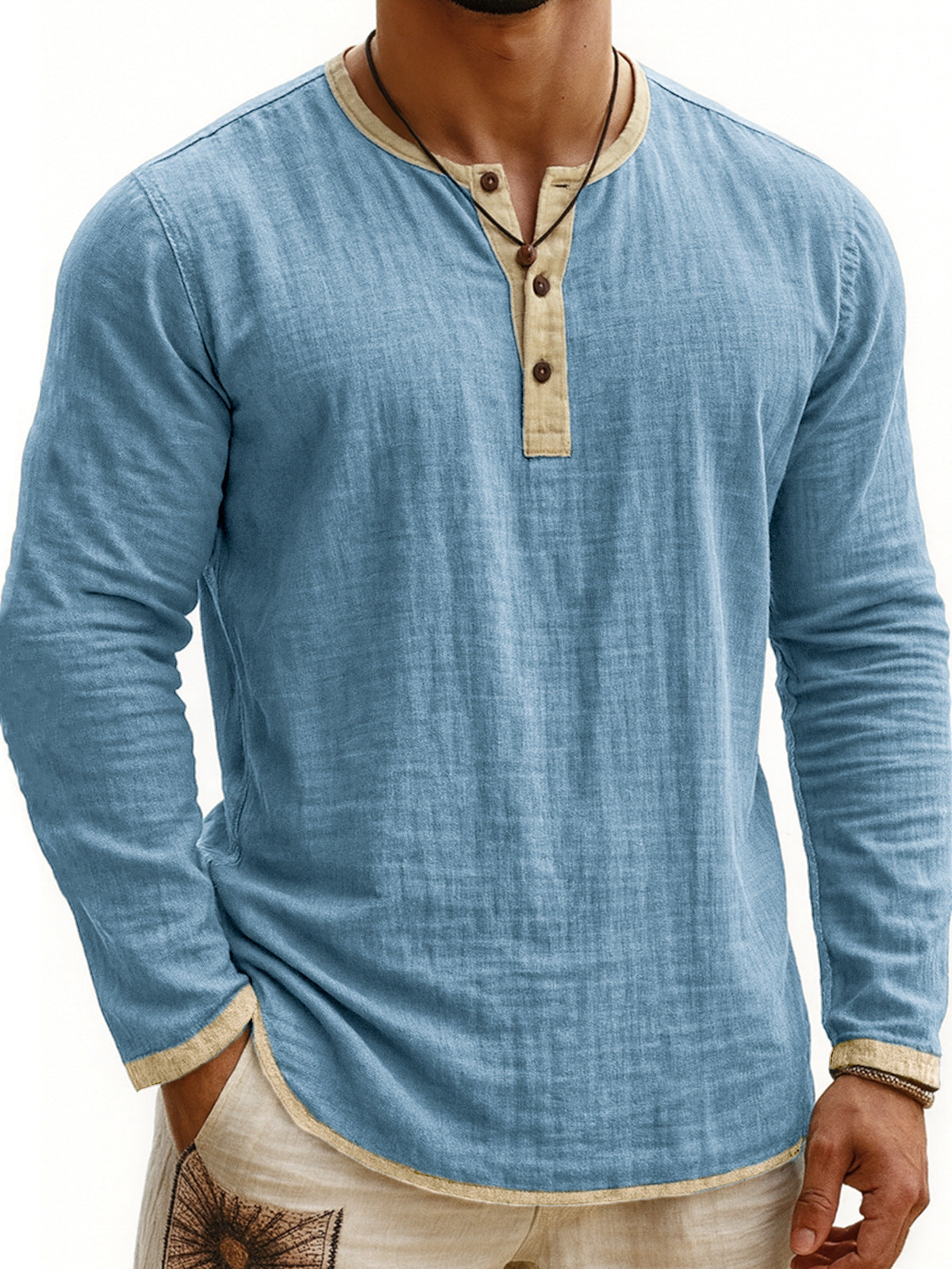 Chemise Henley Homme à Manches Longues Slim Fit à 3 Boutons et Imprimé Numérique Bicolore