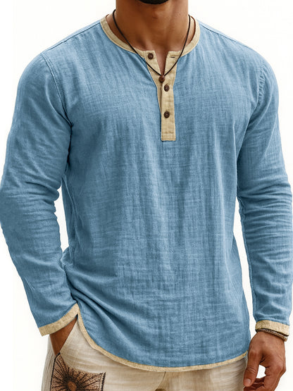 Chemise Henley Homme à Manches Longues Slim Fit à 3 Boutons et Imprimé Numérique Bicolore