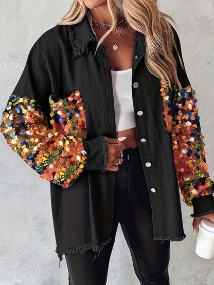 Veste chemise patchwork à paillettes et pampilles pour femme – Veste à manches longues contrastantes duveteuses