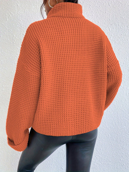Women’s High-Neck Drop Shoulder Waffle Sweater – Vibrant Blue Knit