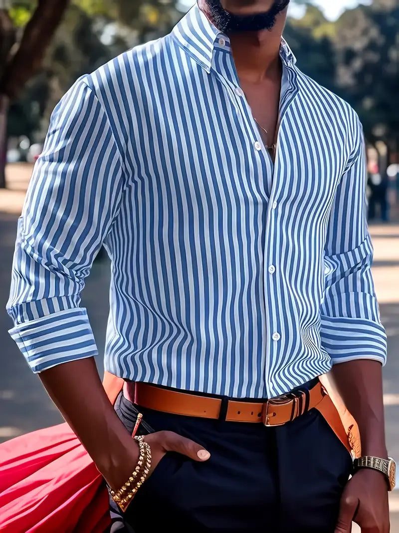 Loom & Soul™ Men’s Striped Long-Sleeve Shirt – Casual Lapel Button Down Top