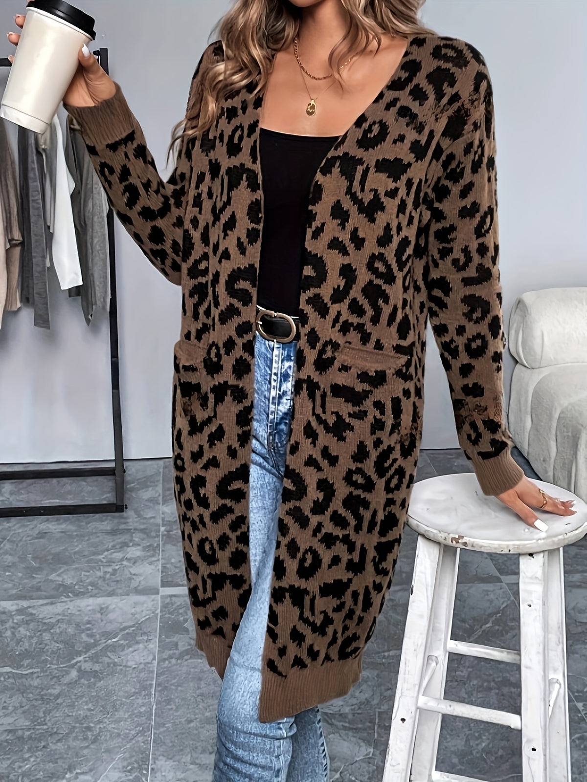 Cardigan imprimé léopard – Chandail douillet sans col en tricot