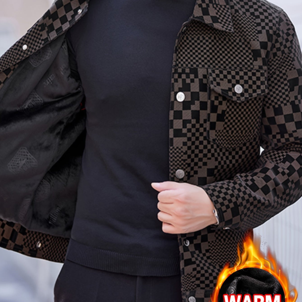Manteau en PU à carreaux pour hommes – Veste de rue pied-de-poule noir et marron