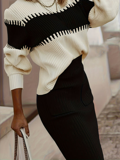 Ensemble pull à col montant et jupe color-block – Deux pièces hivernales élégantes