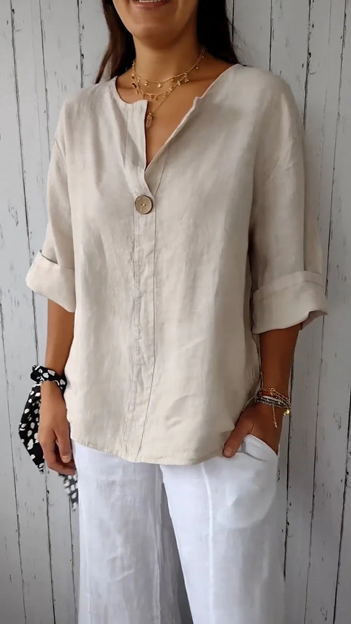 Haut boutonnée en coton et lin à col en V pour femme Loom & Soul™ – Blouse ample à manches longues