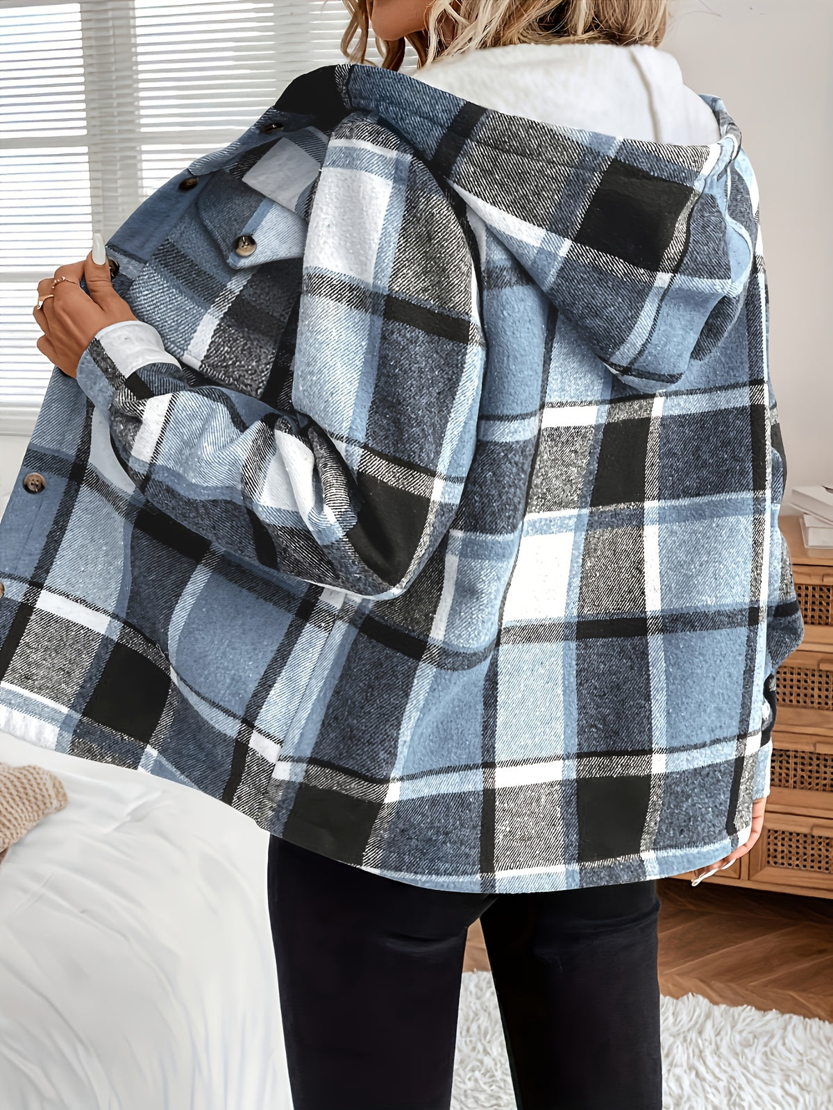Veste à capuche à carreaux pour femme – Vêtement d'extérieur toutes saisons doublé polaire à boutons