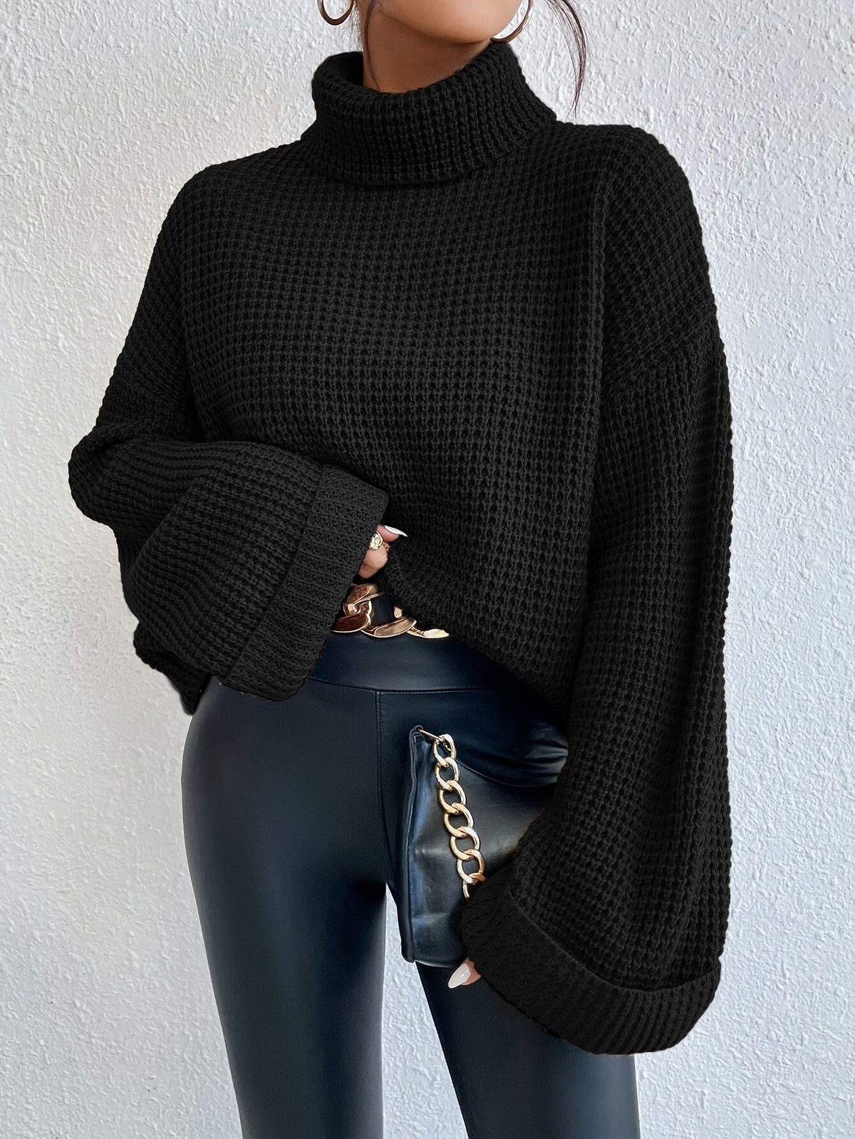 Women’s High-Neck Drop Shoulder Waffle Sweater – Vibrant Blue Knit