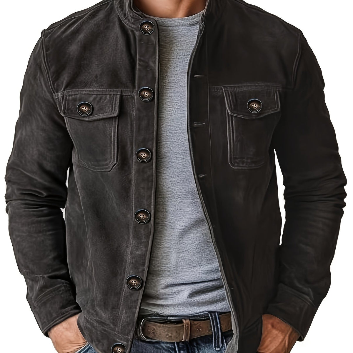 Veste en faux daim pour homme – Manteau décontracté à col montant boutonné