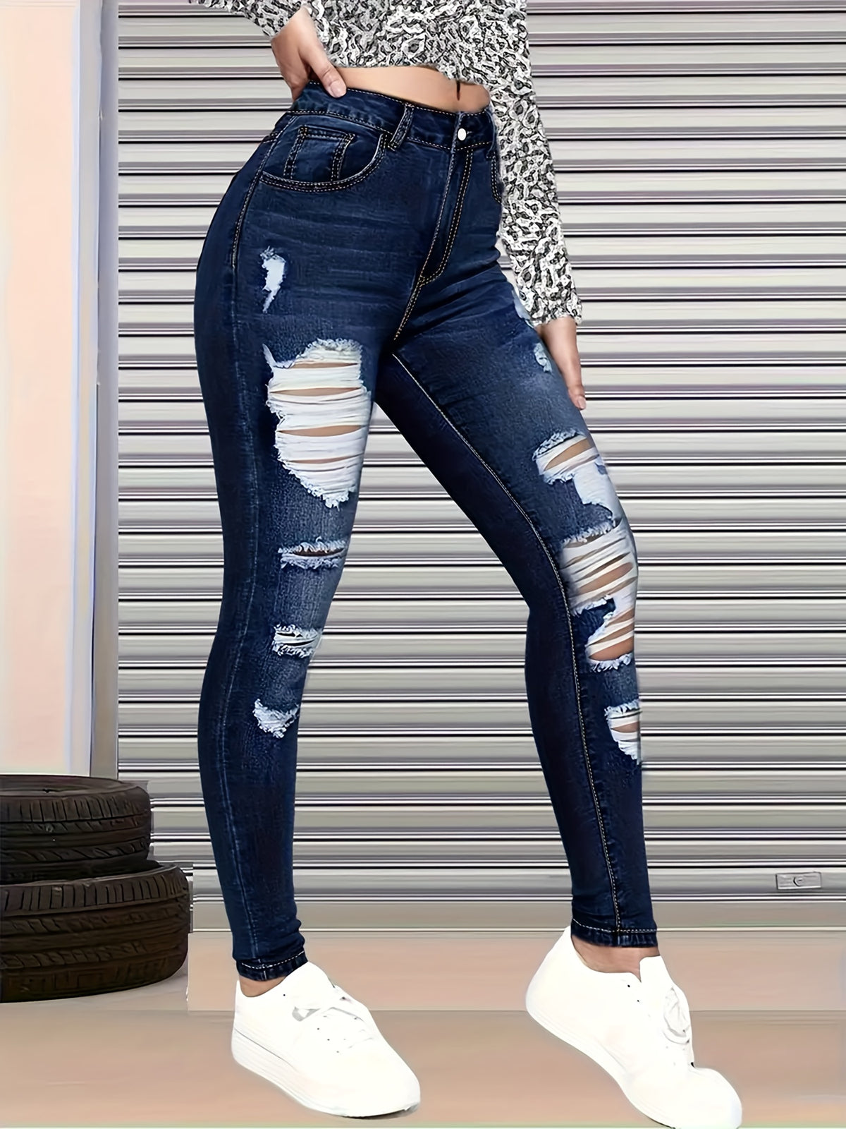 Women’s High Waist Ripped Skinny Jeans – Dark Wash Distressed Denim
