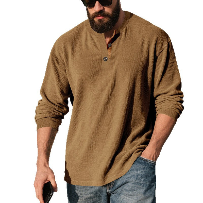 Men’s Retro Corduroy Henley Shirt – Long Sleeve Loose Fit