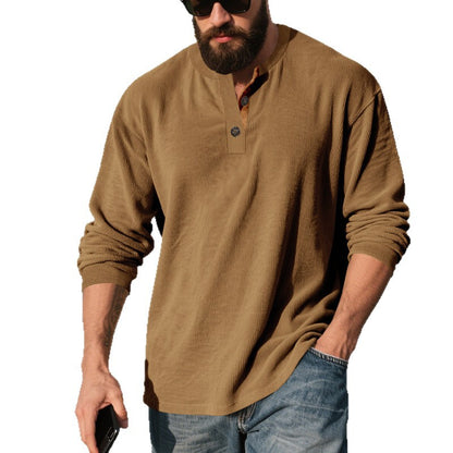 Men’s Retro Corduroy Henley Shirt – Long Sleeve Loose Fit