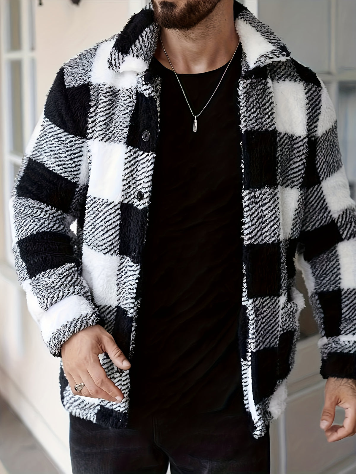 Men’s Black & White Plaid Fleece Jacket – Cozy Winter Overshirt