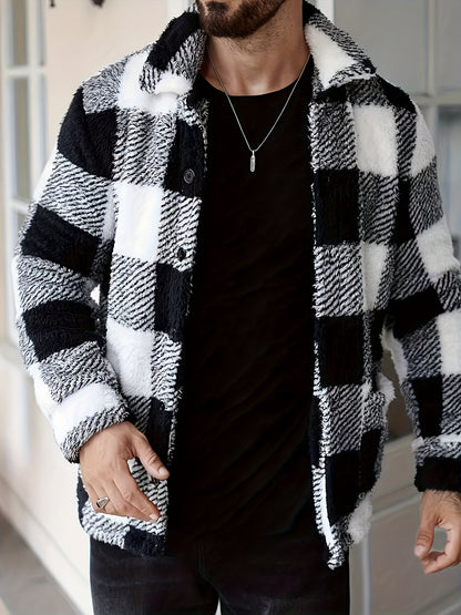 Men’s Black & White Plaid Fleece Jacket – Cozy Winter Overshirt