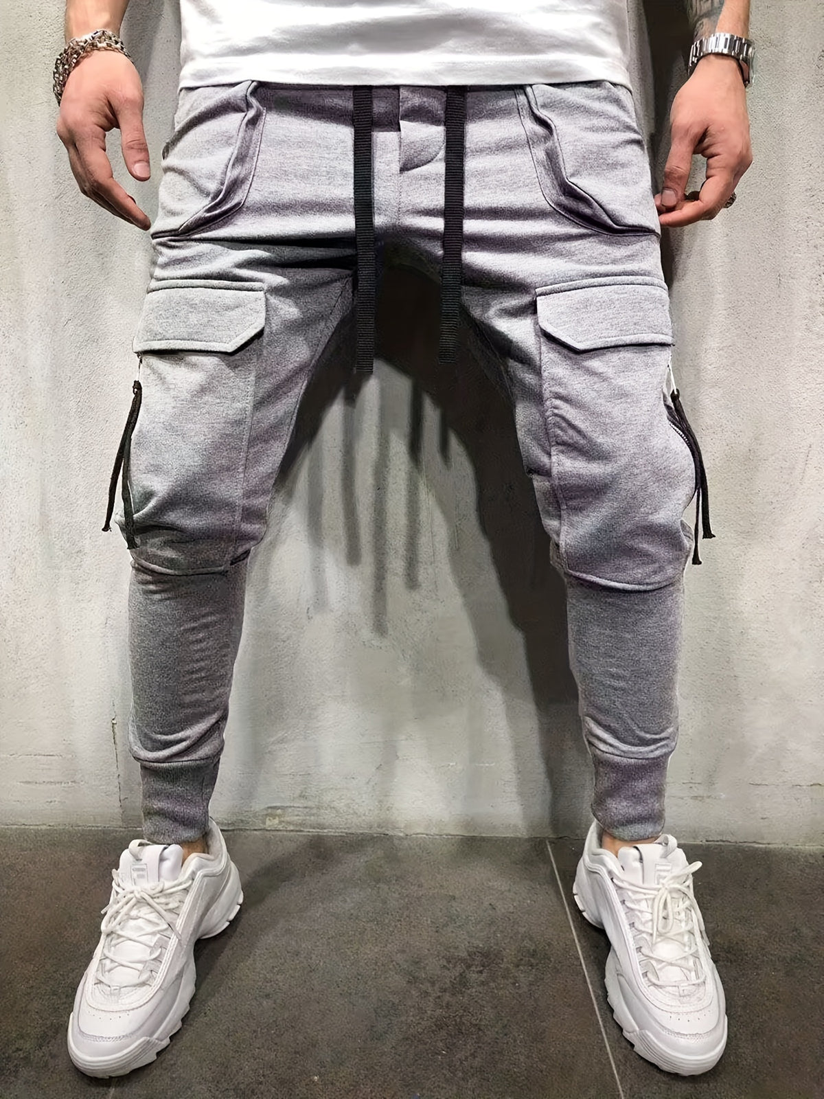 Men’s Streetwear Cargo Pants – Multi-Pocket Drawstring Outdoor Trousers