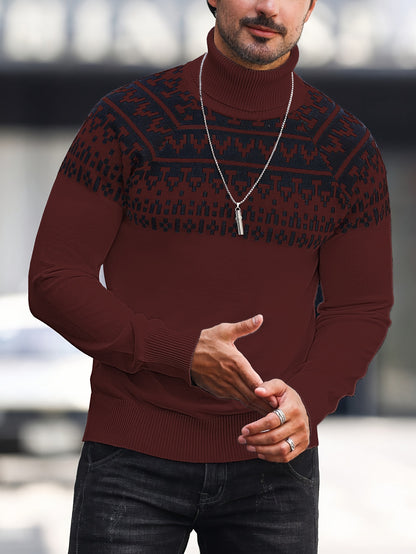 Men’s Geometric Turtleneck Sweater – Casual Knit Pullover for Fall & Winter