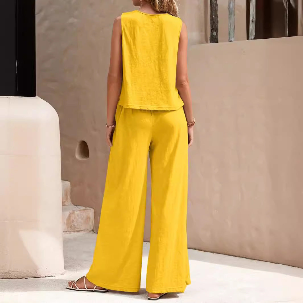 Women’s Linen Two-Piece Set – Sleeveless Top & Loose Pants Outfit