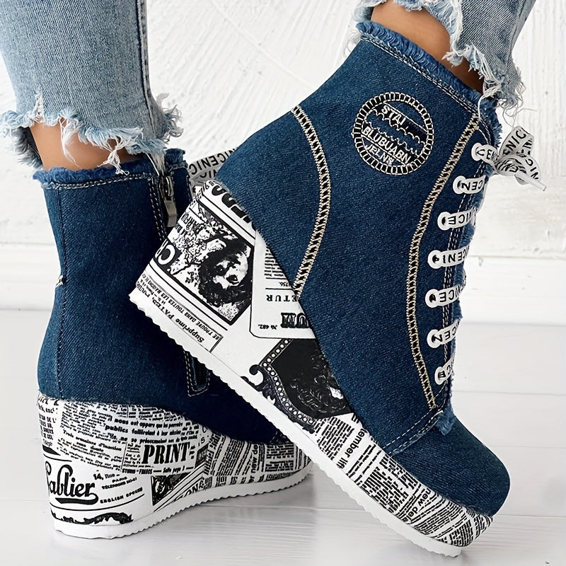 Bottines à talons épais scintillantes pour femmes – Bottines à lacets avec cœur en dentelle