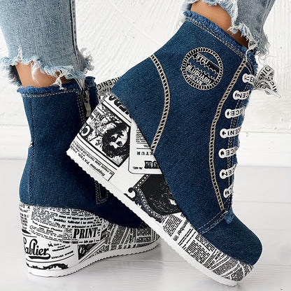 Bottines à talons épais scintillantes pour femmes – Bottines à lacets avec cœur en dentelle