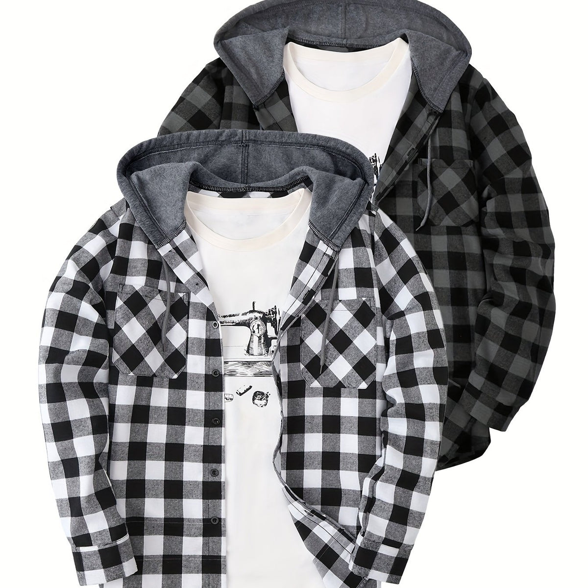 Camisas a cuadros con capucha para hombre, 2 piezas – Conjunto de chaqueta tipo suéter con botones