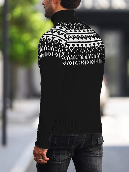 Men’s Geometric Turtleneck Sweater – Casual Knit Pullover for Fall & Winter