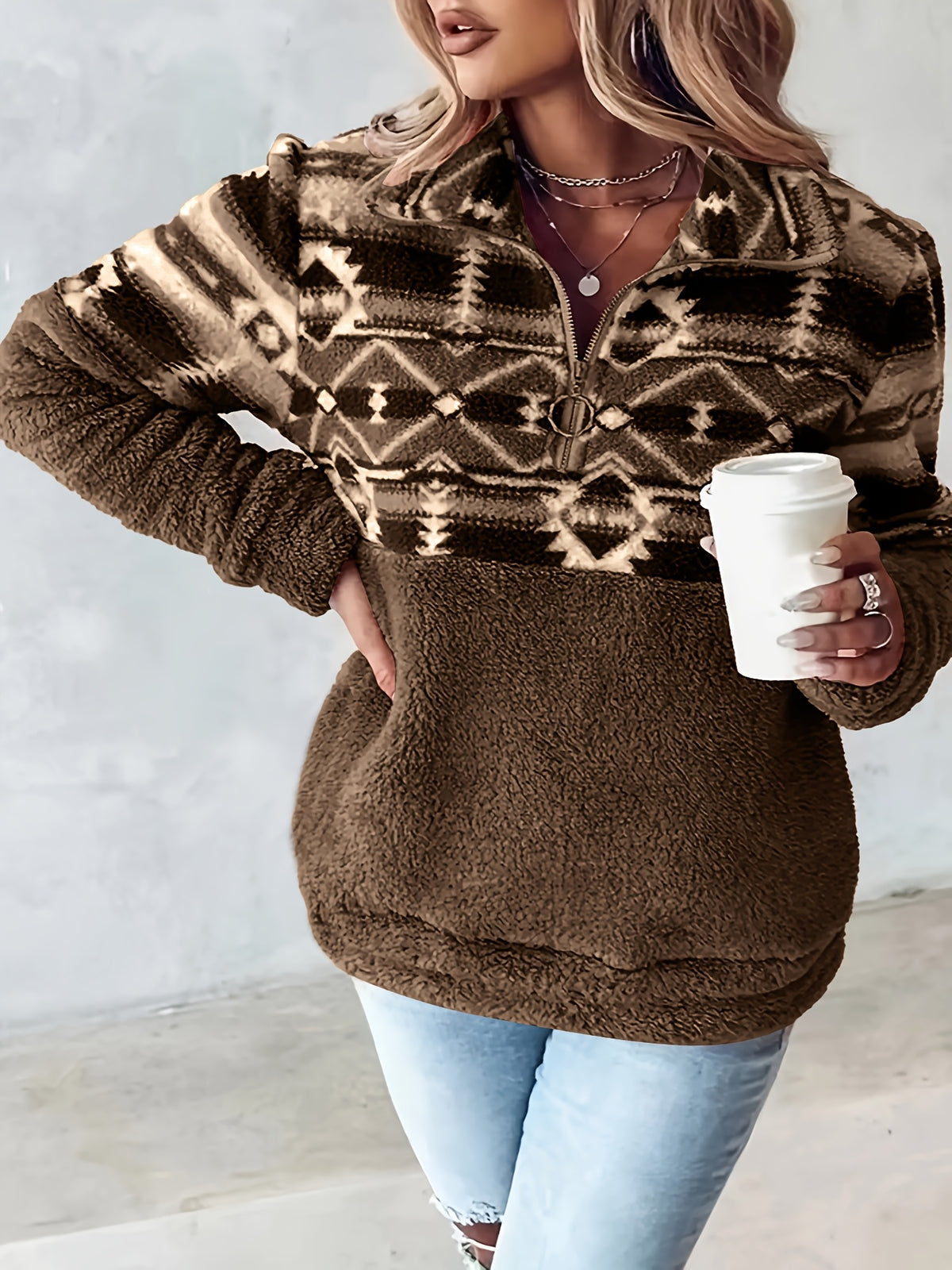 Sweat-shirt Teddy à motif géométrique – Pull polaire demi-zippé pour l'automne et l'hiver