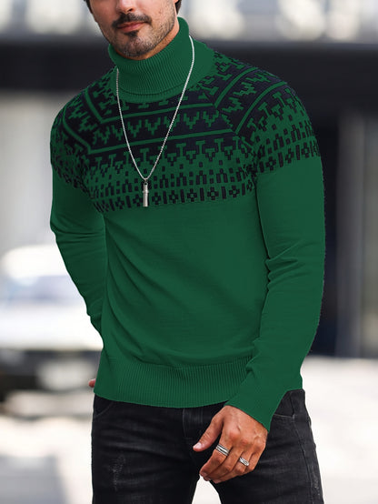 Men’s Geometric Turtleneck Sweater – Casual Knit Pullover for Fall & Winter