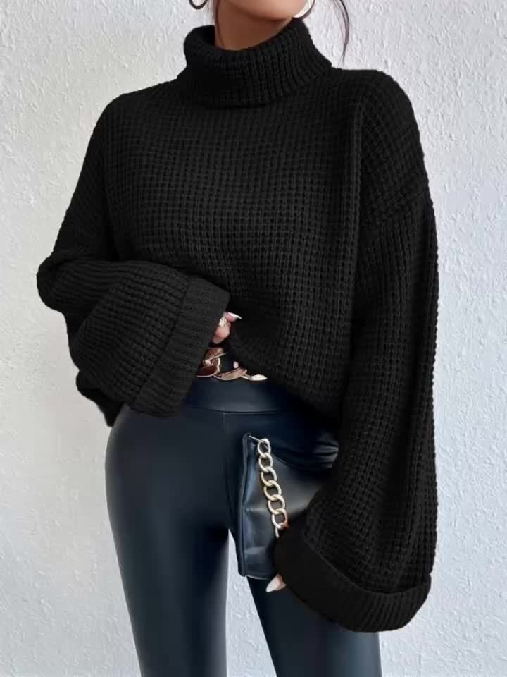 Women’s High-Neck Drop Shoulder Waffle Sweater – Vibrant Blue Knit