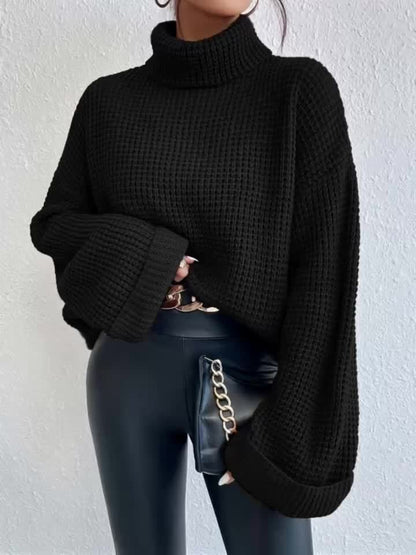 Women’s High-Neck Drop Shoulder Waffle Sweater – Vibrant Blue Knit