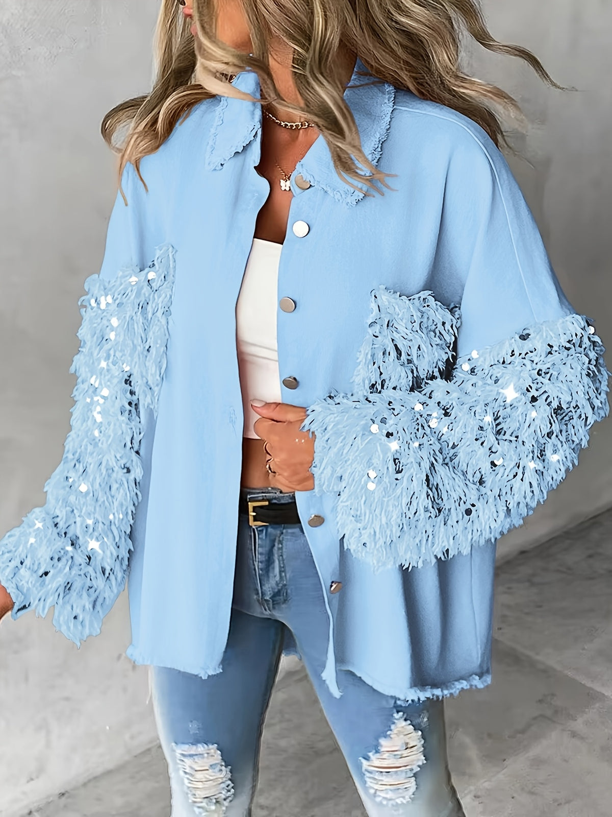 Veste chemise patchwork à paillettes et pampilles pour femme – Veste à manches longues contrastantes duveteuses