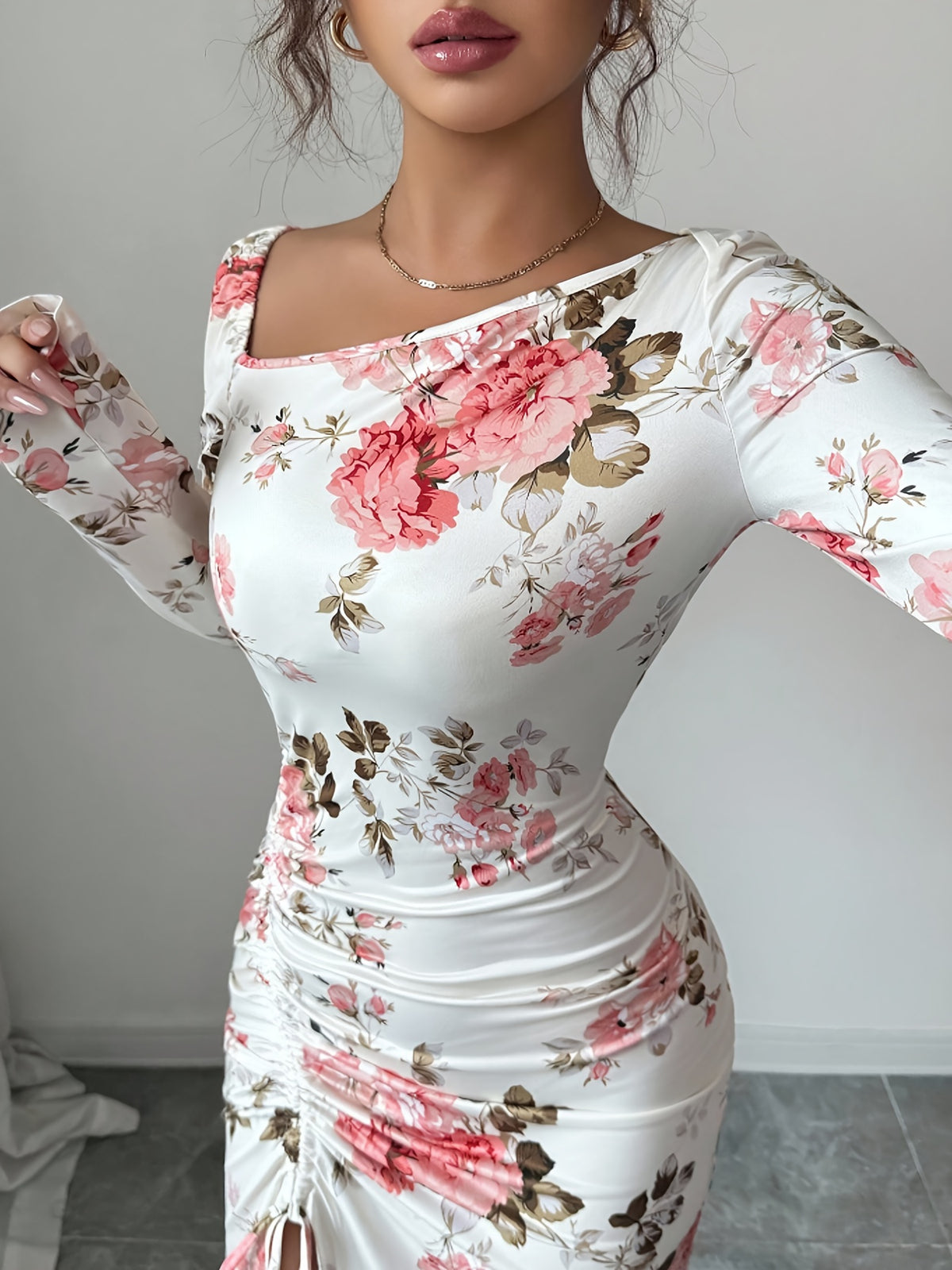 Asymmetrical Floral Bodycon Dress – Long Sleeve Ruffle Slit Dress