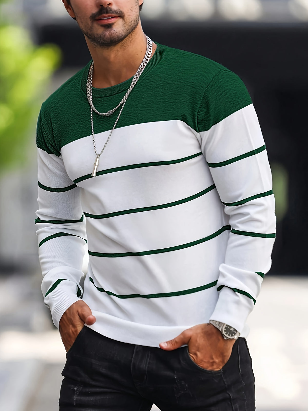 Men’s Navy Striped Knit Sweater – Casual Crew Neck Pullover