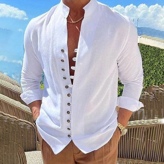 Men’s Cotton Linen Stand Collar Shirt – Loose Fit Casual Cardigan
