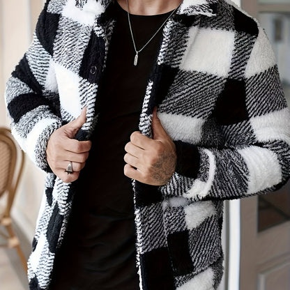 Men’s Black & White Plaid Fleece Jacket – Cozy Winter Overshirt
