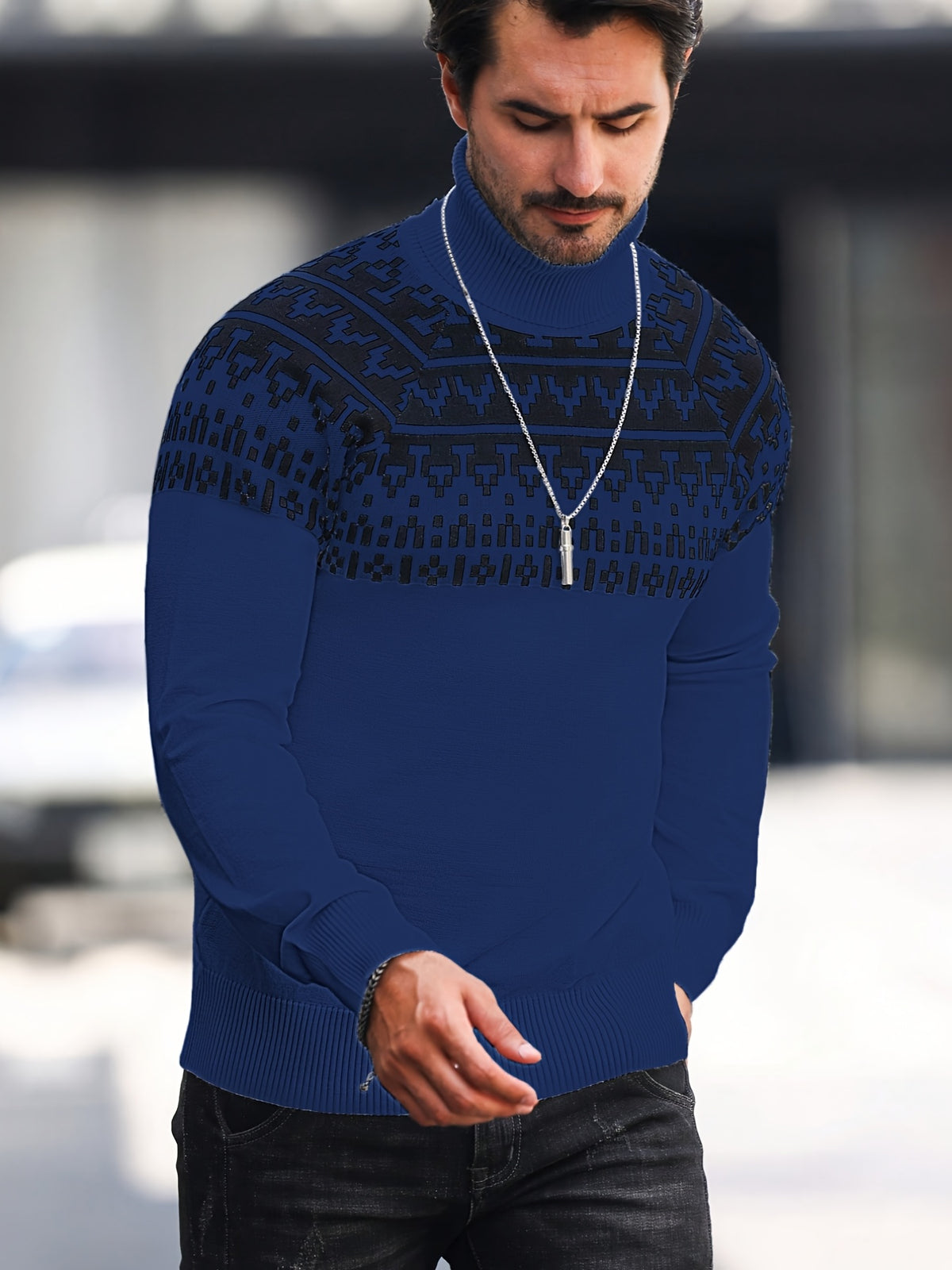 Men’s Geometric Turtleneck Sweater – Casual Knit Pullover for Fall & Winter