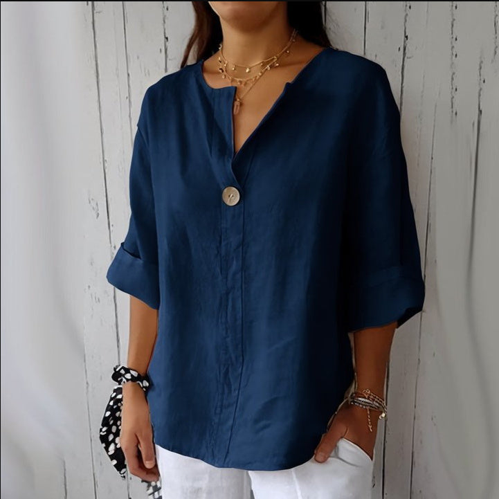Haut boutonnée en coton et lin à col en V pour femme Loom & Soul™ – Blouse ample à manches longues