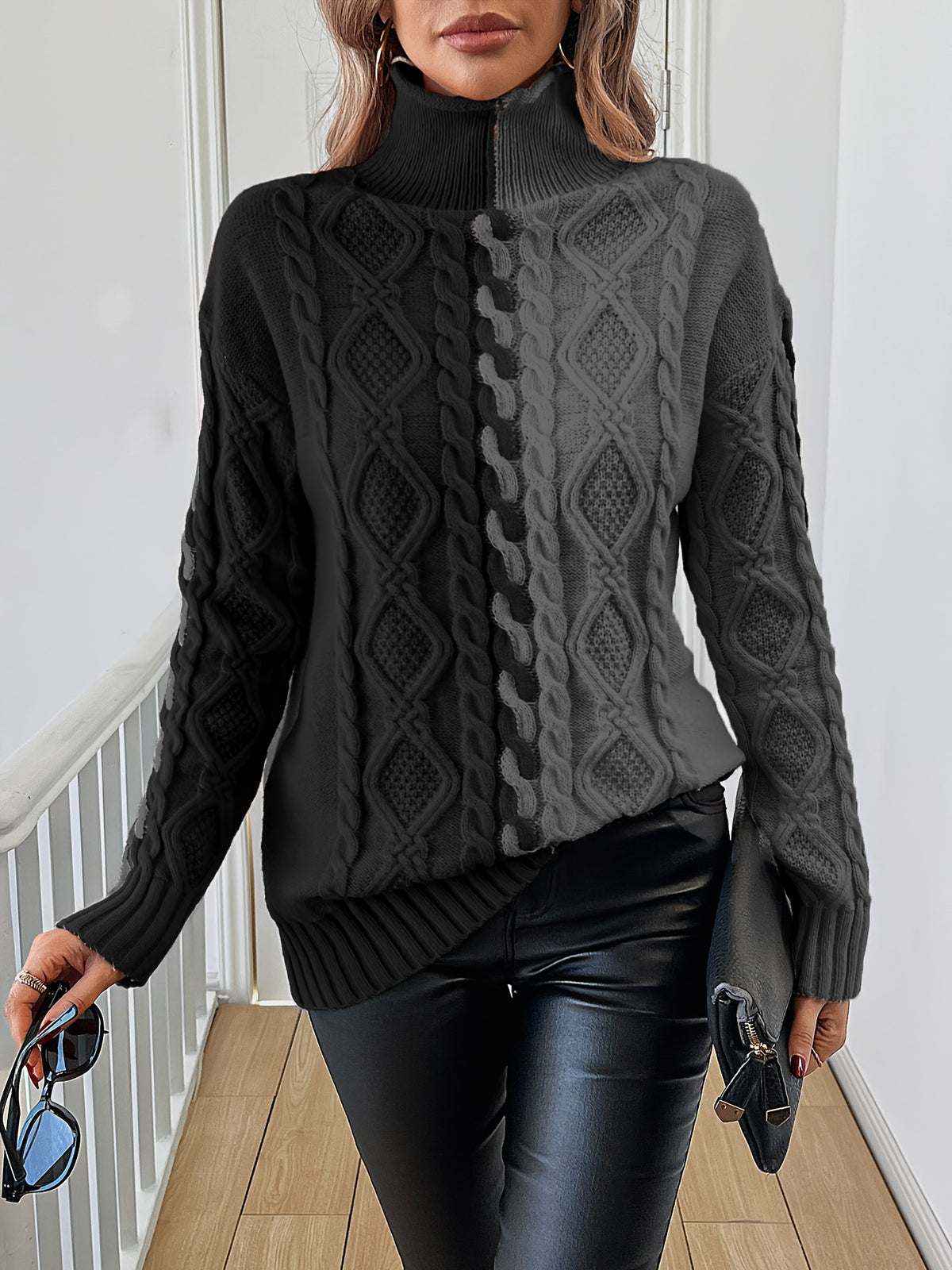 Elegant High-Neck Striped Blouse – Color-Block Knit Long Sleeve Top