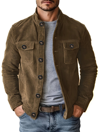 Veste en faux daim pour homme – Manteau décontracté à col montant boutonné