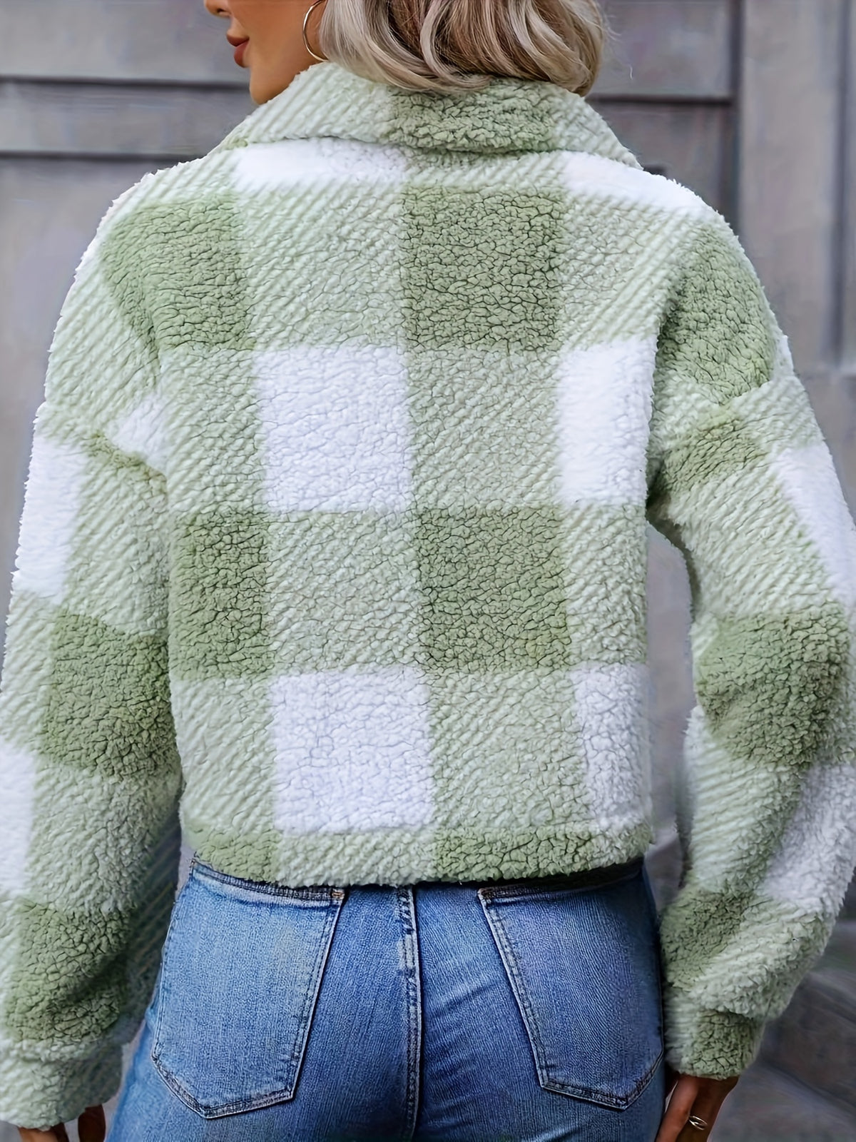 Manteau en peluche à carreaux pour femme – Vêtement d'extérieur chaud à carreaux pour l'automne/hiver avec boutons