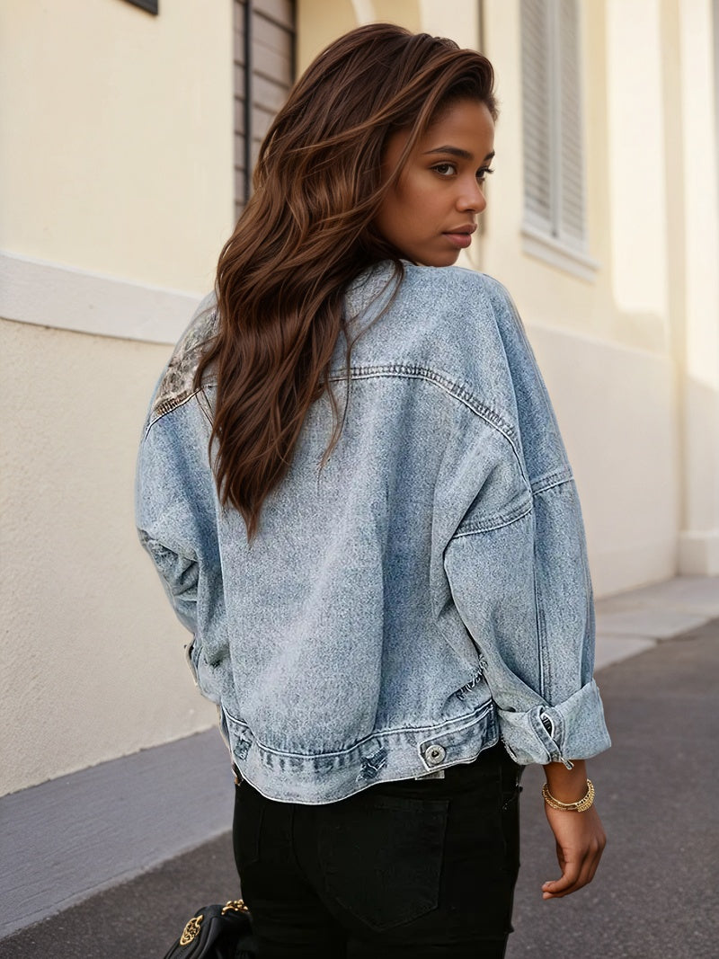 Women’s Leopard Patch Denim Jacket – Distressed Street Style