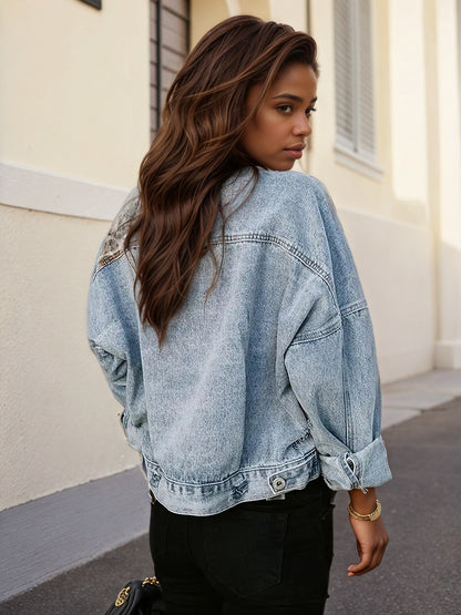 Women’s Leopard Patch Denim Jacket – Distressed Street Style