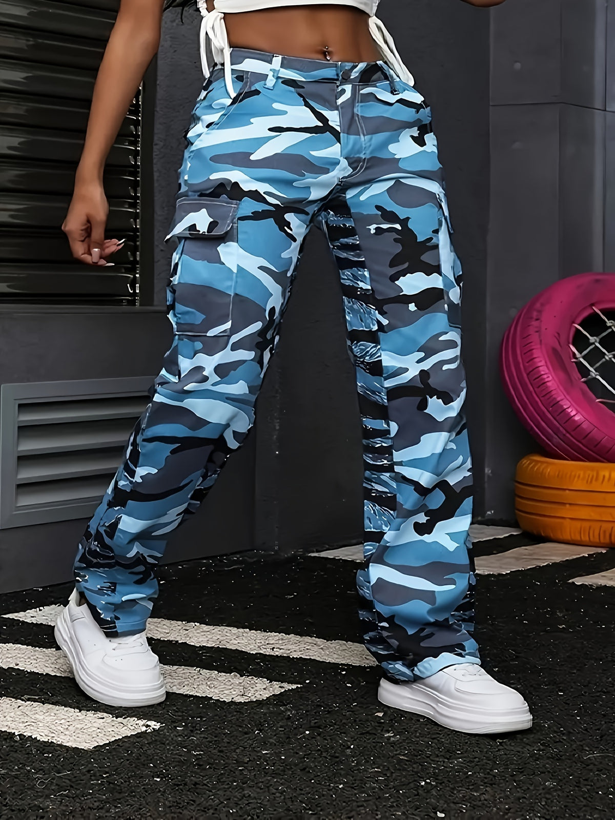 Navy Camo Cargo Jeans – Straight Leg Utility Pocket Denim