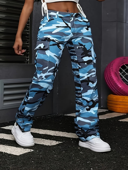 Navy Camo Cargo Jeans – Straight Leg Utility Pocket Denim
