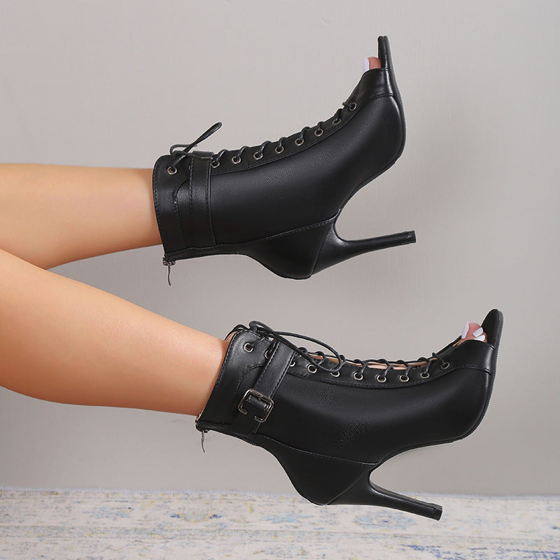 Loom & Soul™ Peep-Toe High Heels – Women’s Lace-Up Buckle Sandals with Back Zipper