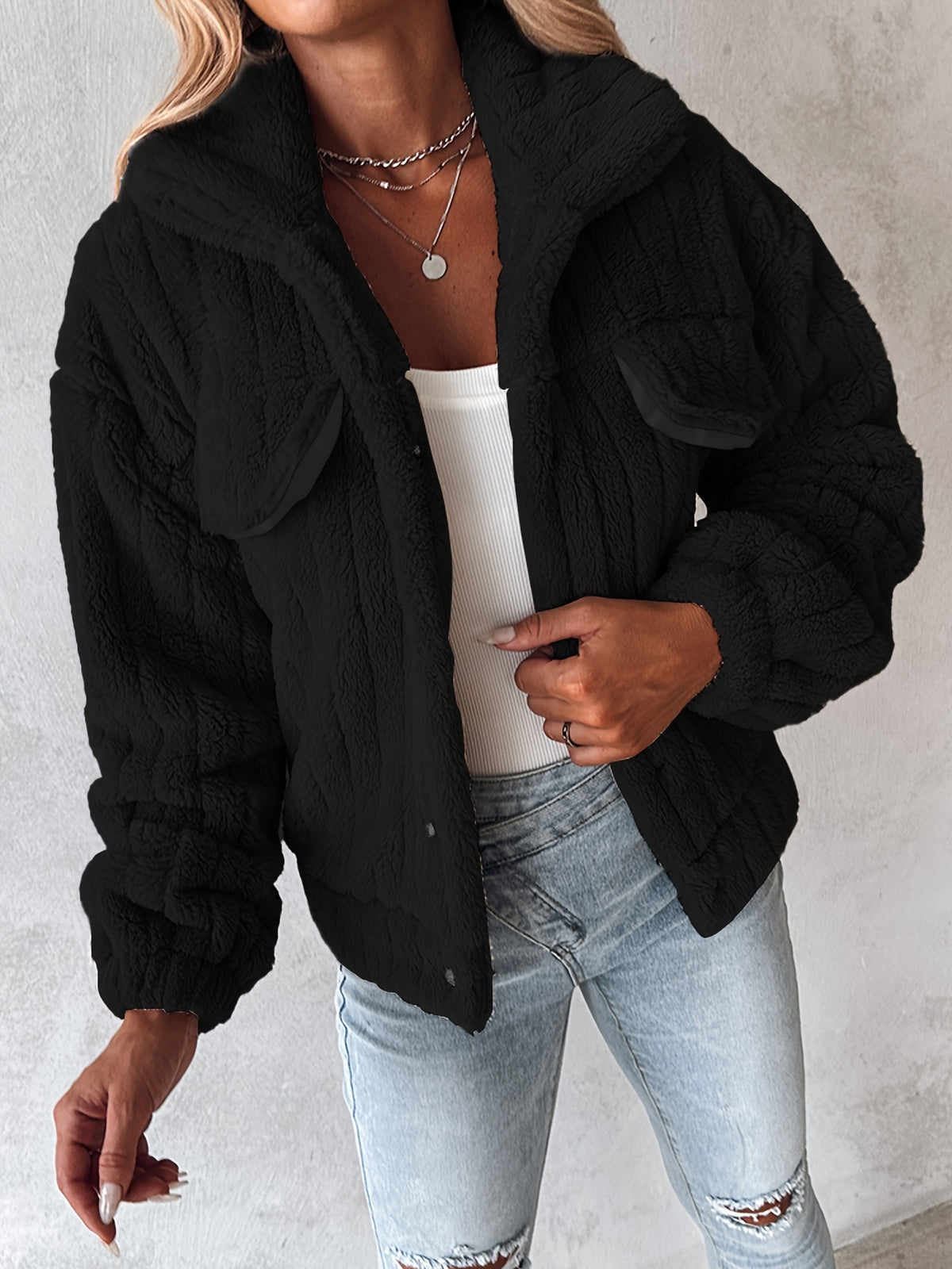 Women’s Soft Pink Plush Jacket – Button-Up Winter Coat with Lapel Collar