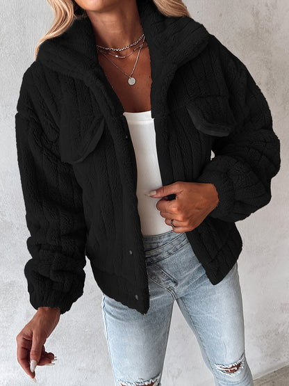 Veste douillette rose pâle en peluche pour femme – Manteau d'hiver chaud à revers boutonné
