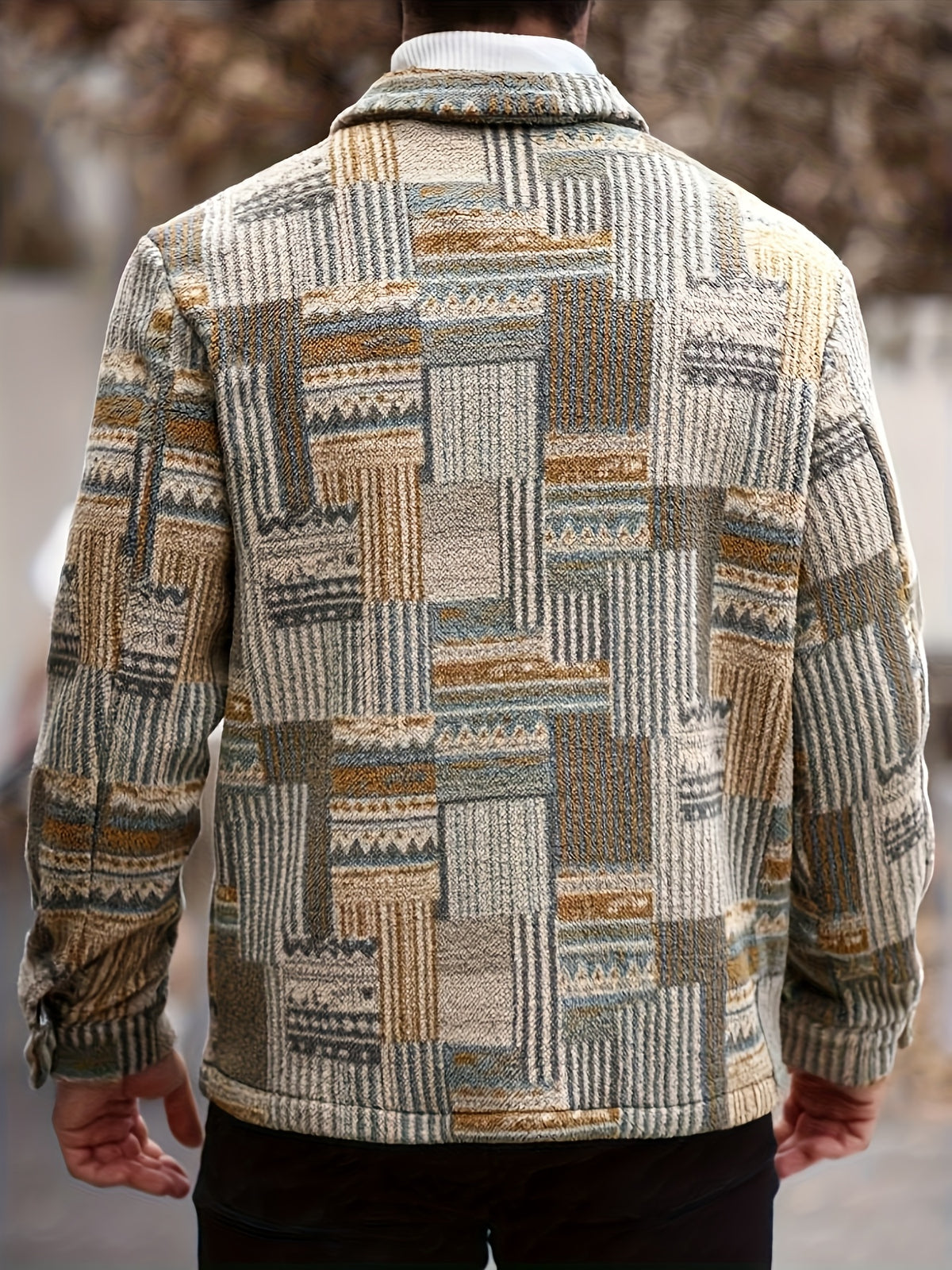 Men’s Retro Geometric Fleece Jacket – Vintage Button-Up Shirt Jacket