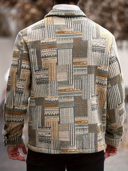 Men’s Retro Geometric Fleece Jacket – Vintage Button-Up Shirt Jacket