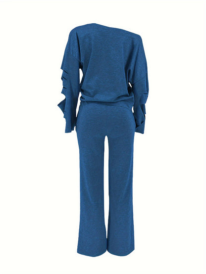 Conjunto de 2 piezas para mujer, hombros descubiertos, efecto envejecido – Top de manga larga y pantalón rasgado